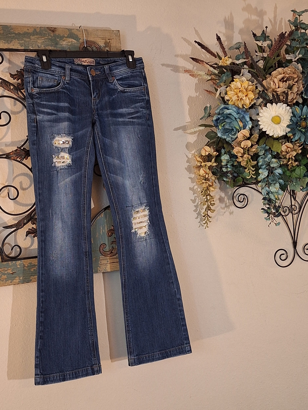 Wallflower Distressed Flare Jeans With Patchwork Design - Size 1